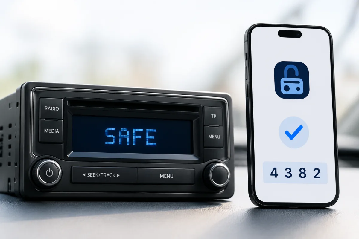 Autoradio mit dem Freischaltcode auf einem Smartphone